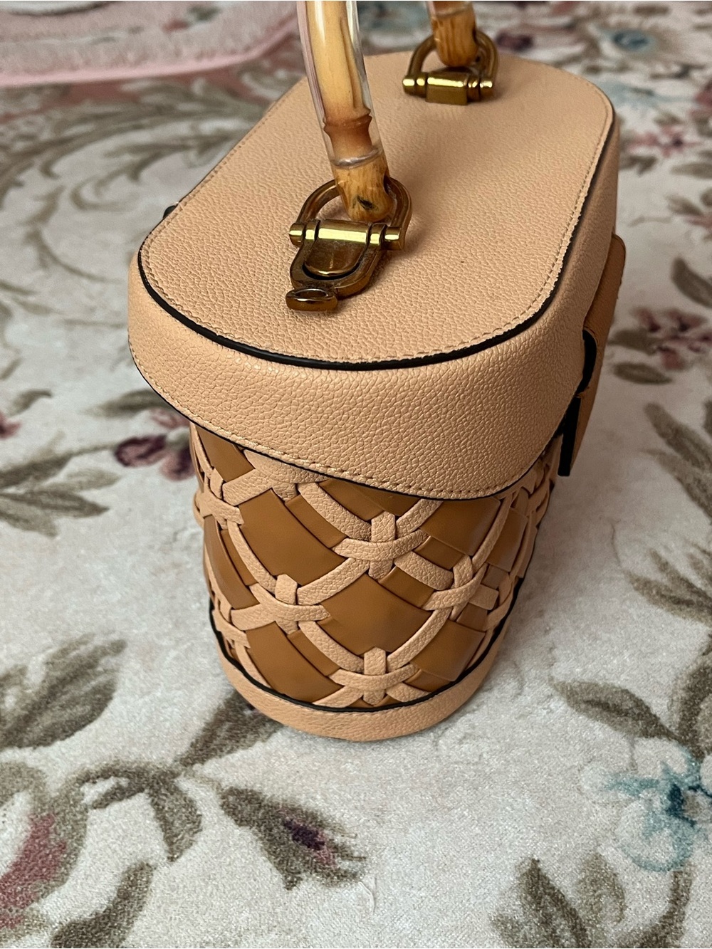 Charles & Keith Peach and Tan Woven Mini Top-Handle Bag - Picture 2 of 6
